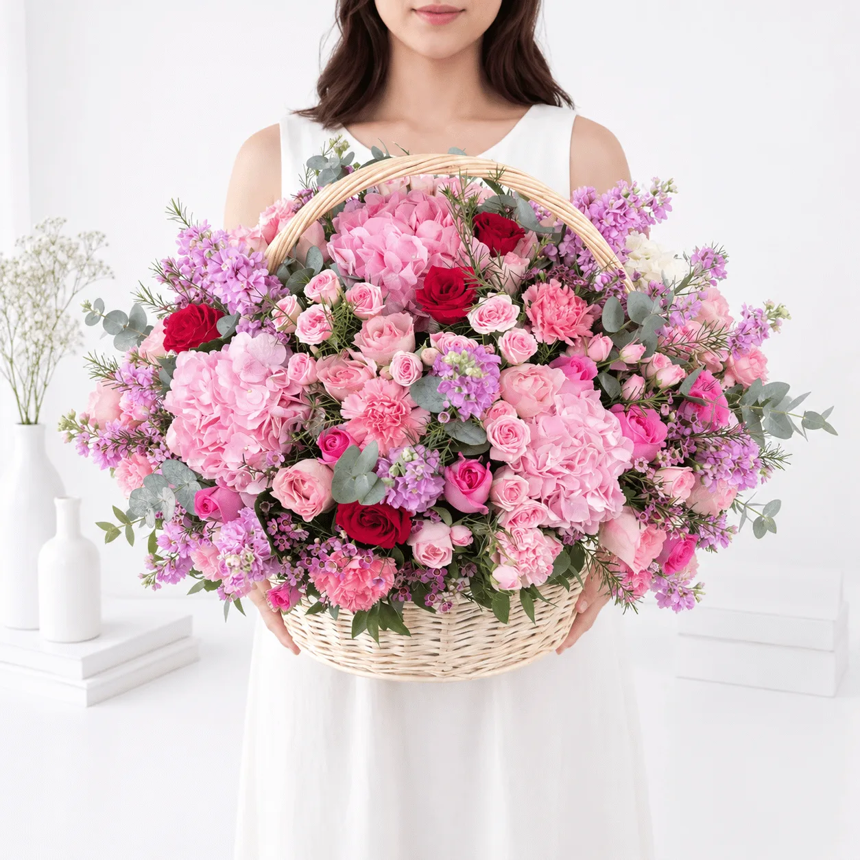 Elegant pink flower basket arrangement for birthdays and gifting in Dubai