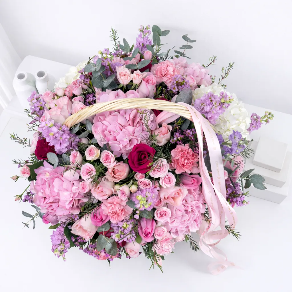 Luxury pink garden flower basket with fresh blooms and greenery