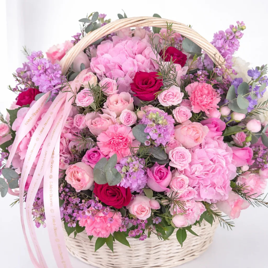 Fresh pink flower basket arrangement for elegant gifting and special occasions in Dubai