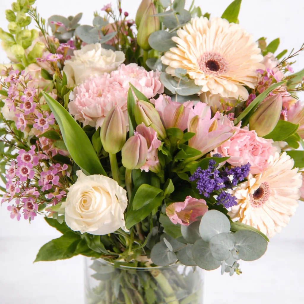 Close-up of peach gerberas, pink carnations, tulip buds, white roses, purple statice, and eucalyptus in a glass vase.