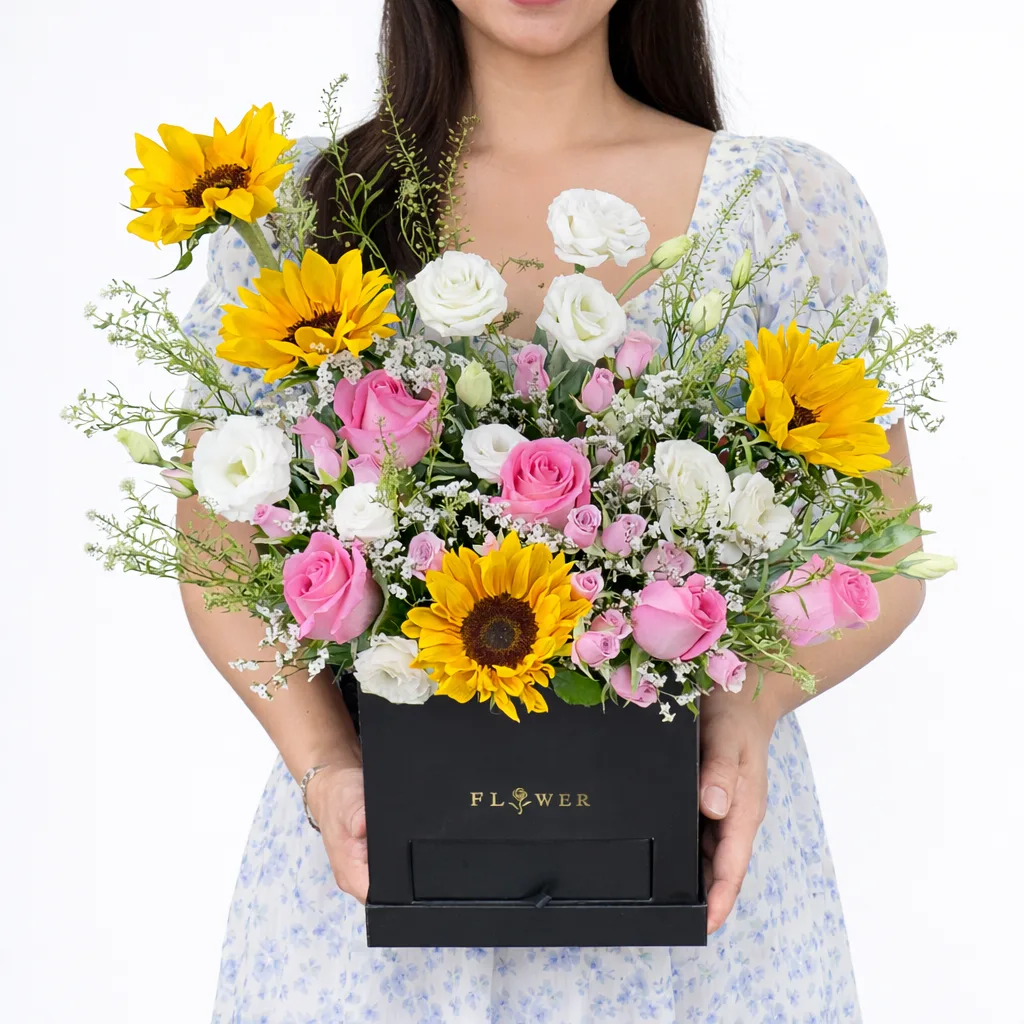 A woman holding a black branded flower box filled with sunflowers, pink roses, and white lisianthus with airy filler greenery.
