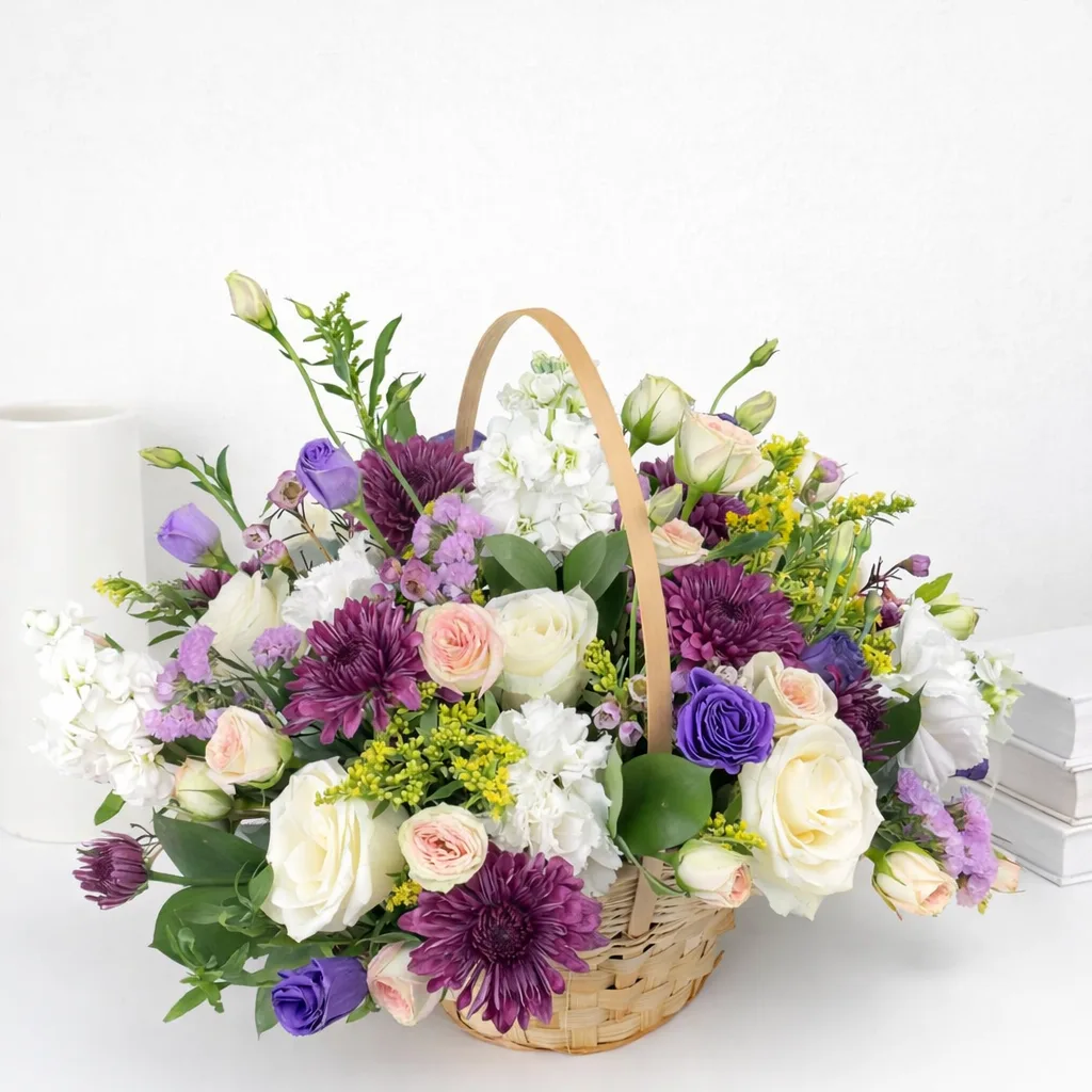 Wicker basket filled with a mixed bouquet of white roses, purple chrysanthemums, violet lisianthus, and yellow filler flowers.