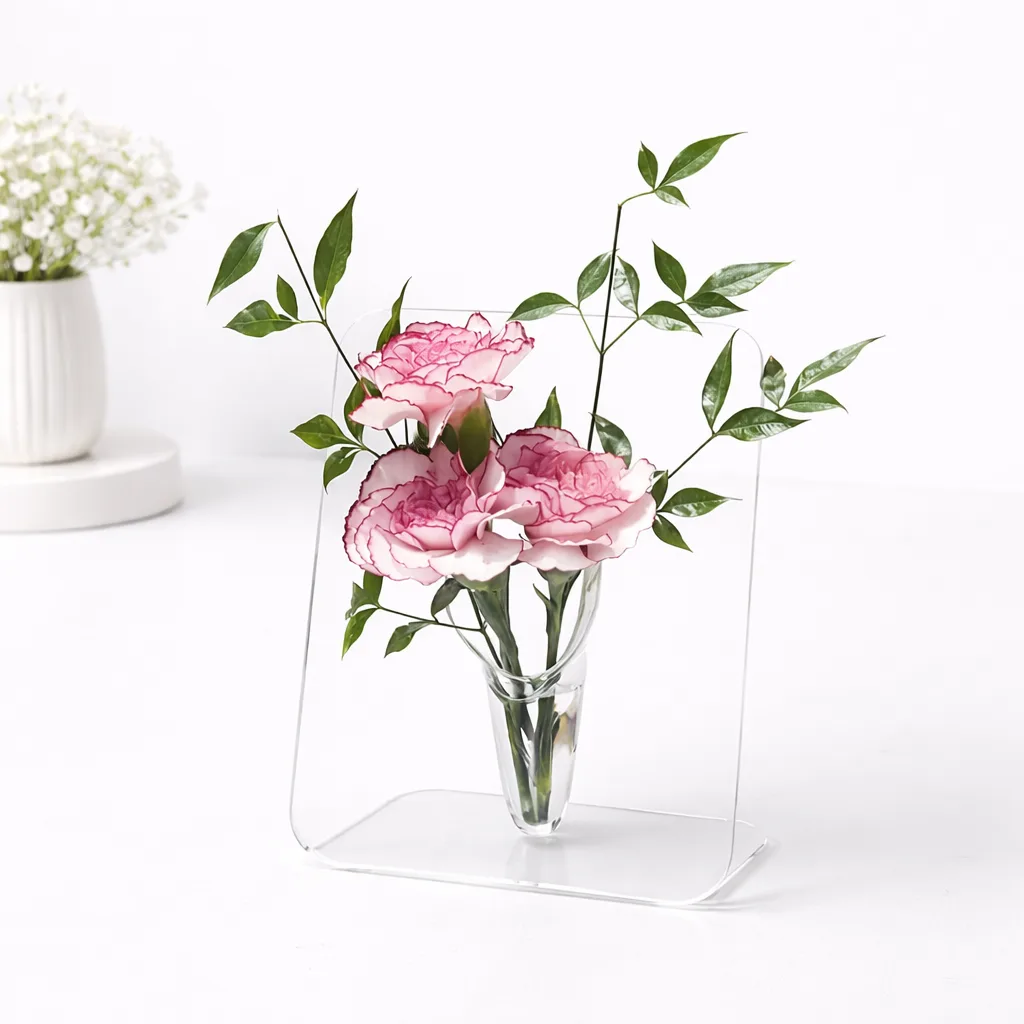 Pink carnations with green foliage arranged in a clear acrylic frame vase on a white surface.