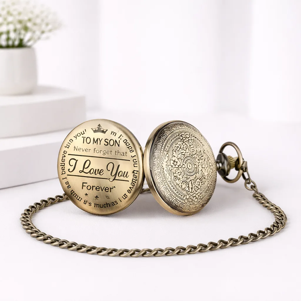 Antique bronze pocket watch with chain, engraved "To My Son – Never forget that I Love You Forever.