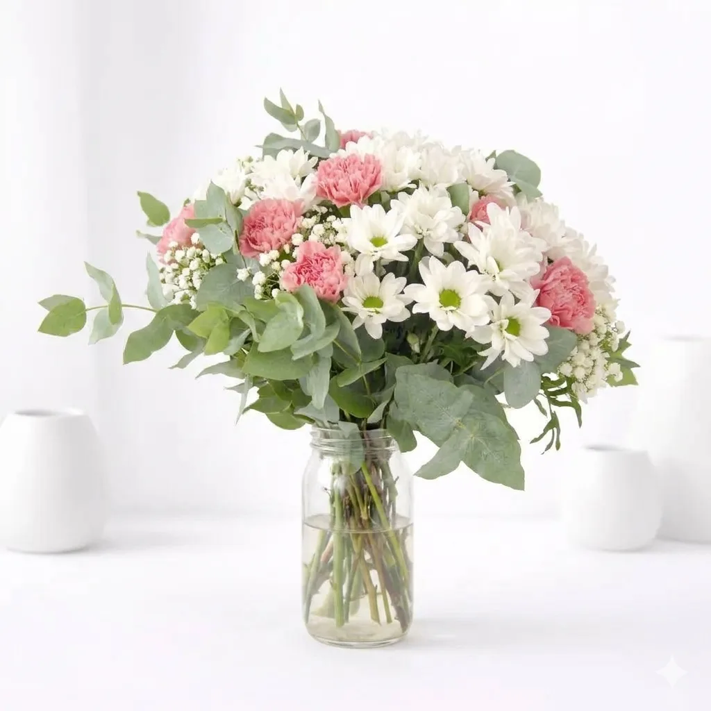 Elegant White & Pink Flower Vase Arrangement with Carnations & Chrysanthemums