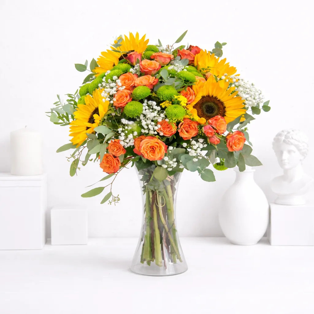 Vibrant sunflower and orange rose bouquet in a clear glass vase on a white surface.