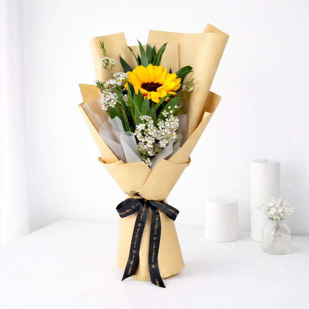 Sunflower bouquet wrapped in beige paper with greenery and white flowers, tied with a black ribbon.