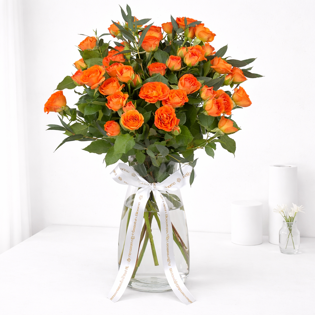 Orange roses with green foliage in a glass vase tied with a white ribbon