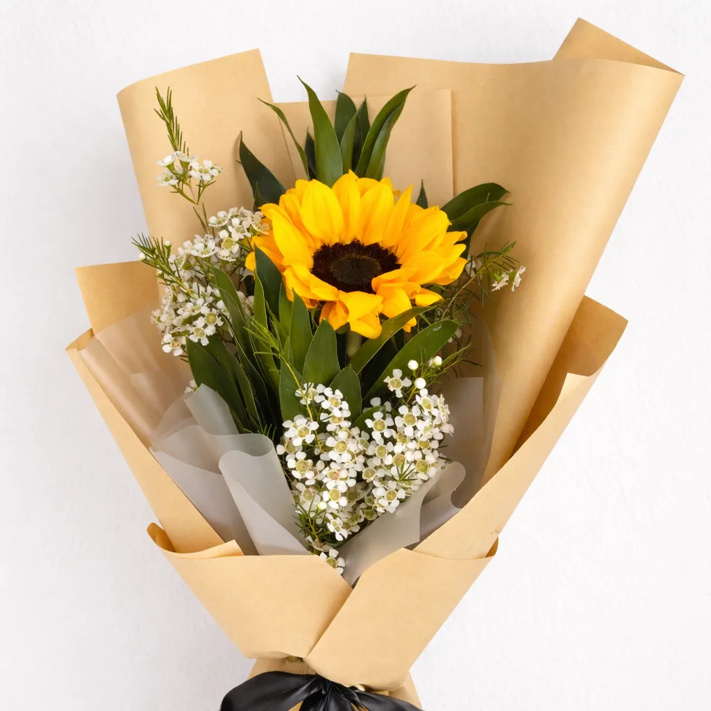 Close-up of a single sunflower bouquet with white wax flowers and greenery wrapped in kraft paper tied with a black ribbon.