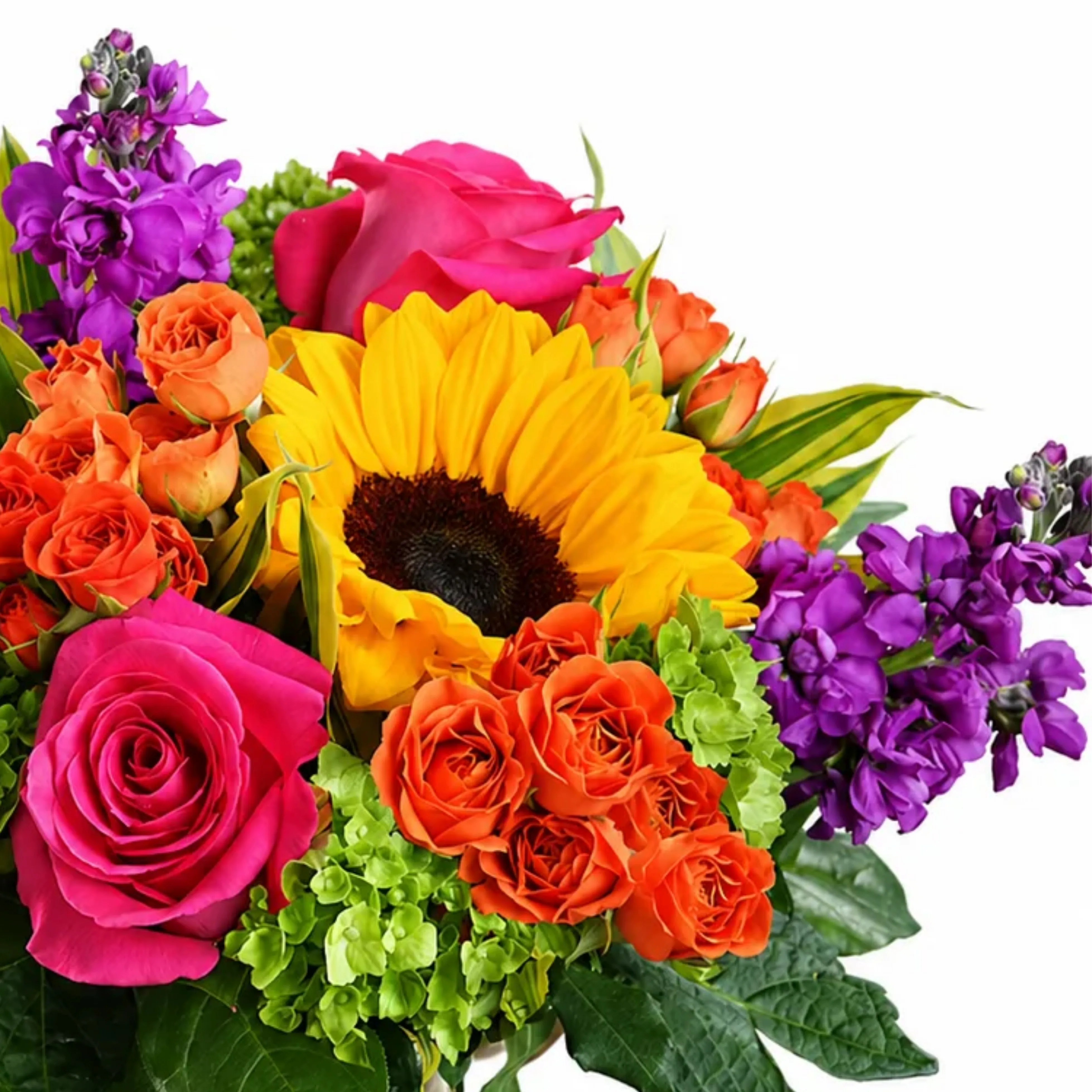 Bright mixed flower bouquet close-up featuring sunflower, pink roses, orange spray roses, purple blooms, green hydrangea, and fresh greenery on a white background.