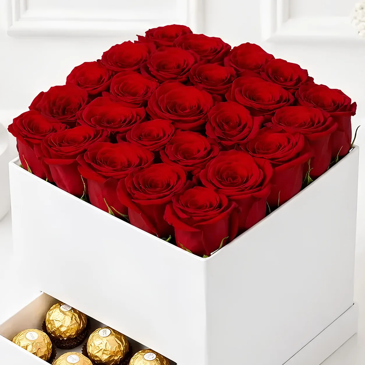 25 red roses with Ferrero Rocher gift box for romantic occasions.