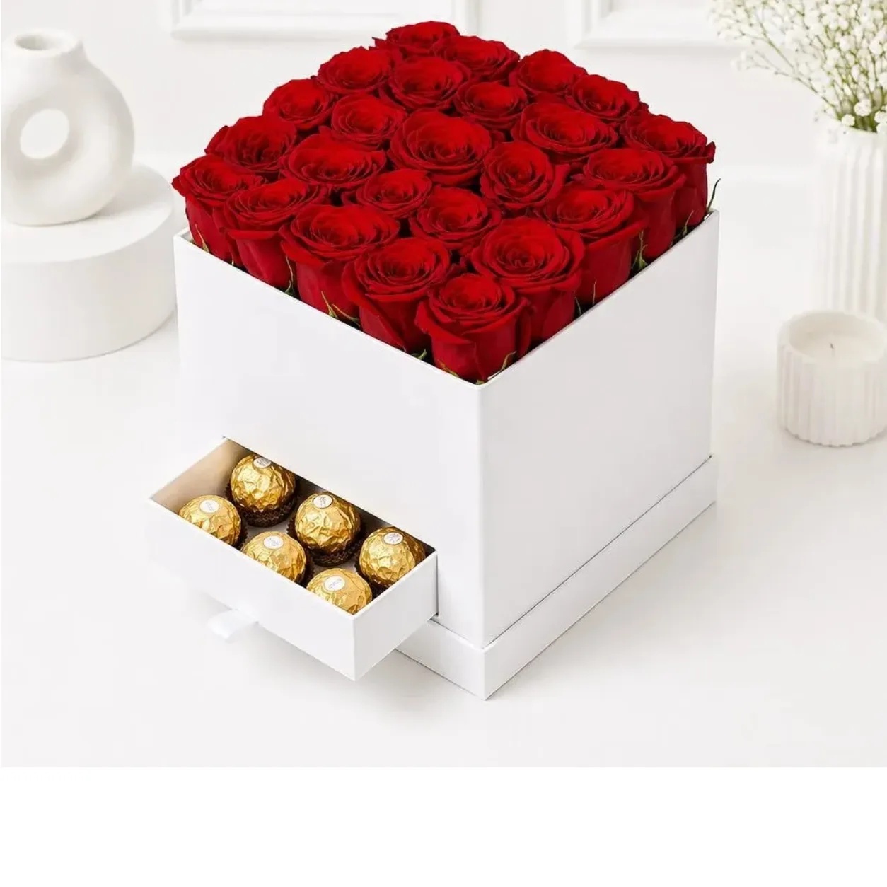 Luxury gift box with 25 fresh red roses and Ferrero Rocher chocolates.