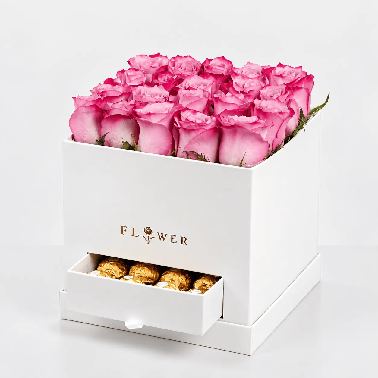 Purple Pearl Box with 25 purple roses and premium Ferrero Rocher chocolates.