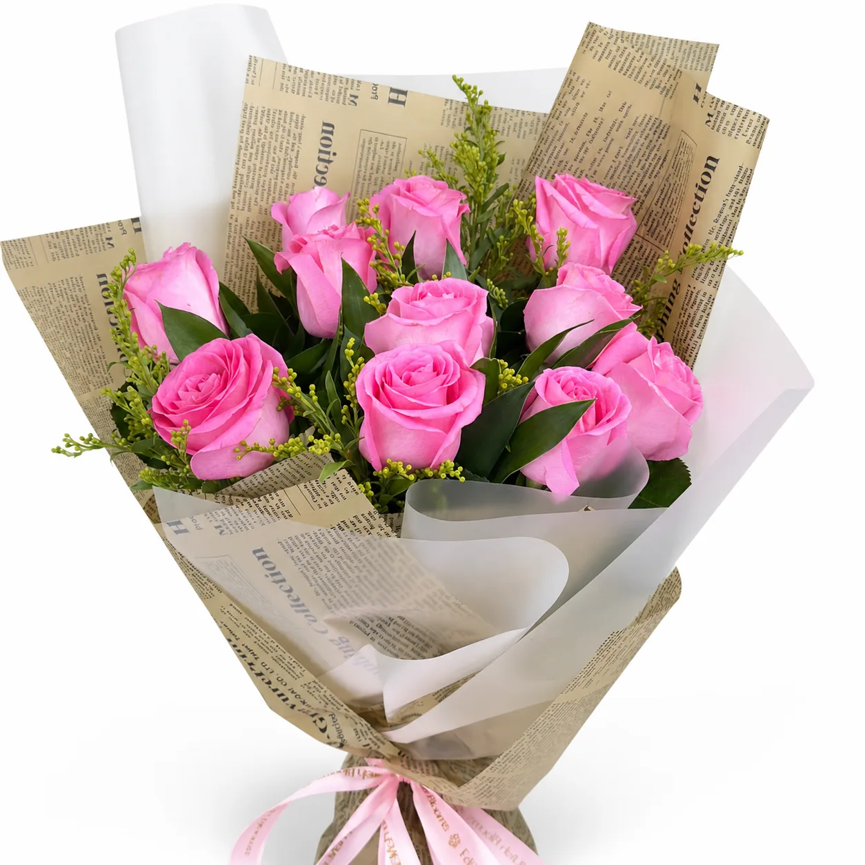 Pink roses and greenery bouquet wrapped in brown paper.