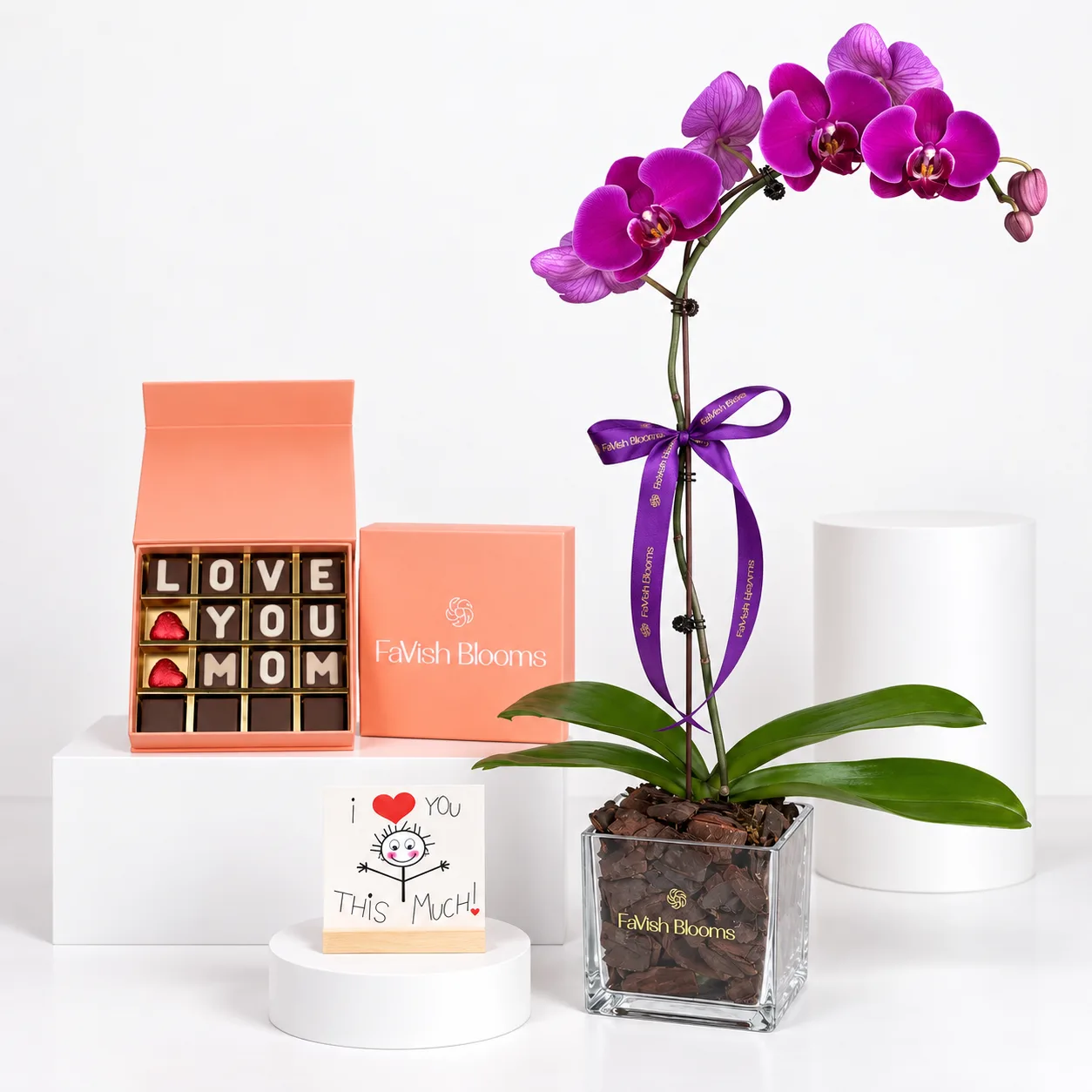 Purple Orchid Plant & Love You Mom Chocolate Gift Set in Dubai