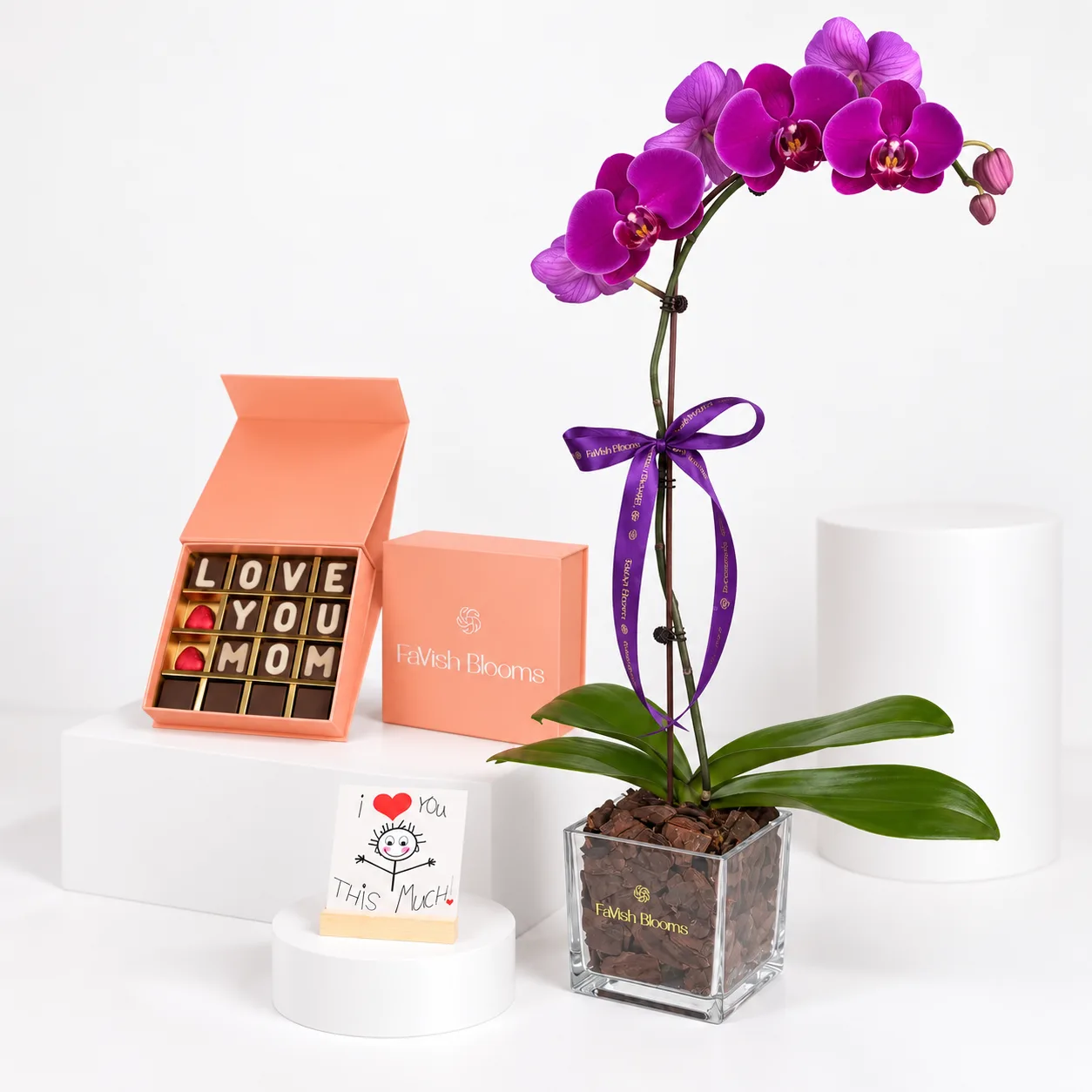 Elegant Purple Orchid Plant with Love You Mom Chocolate Gift Set