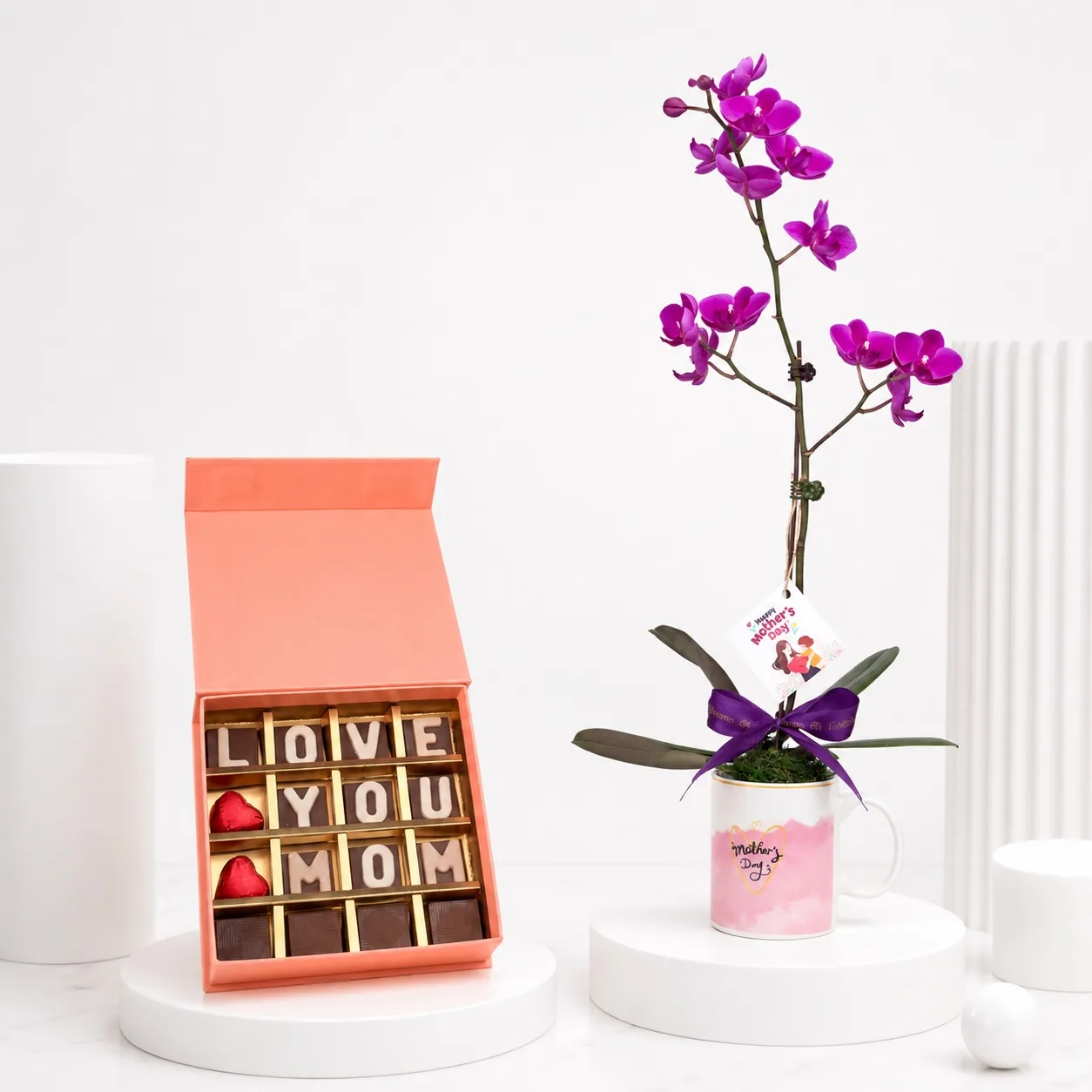 Purple orchid mug with Love You Mom chocolate box
