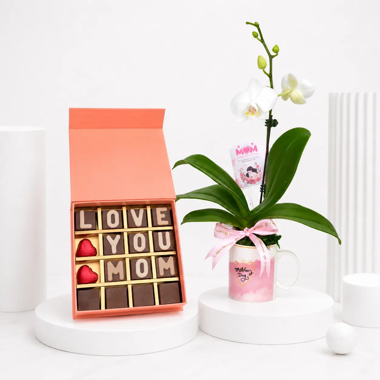 White orchid mug with Love You Mom chocolate box