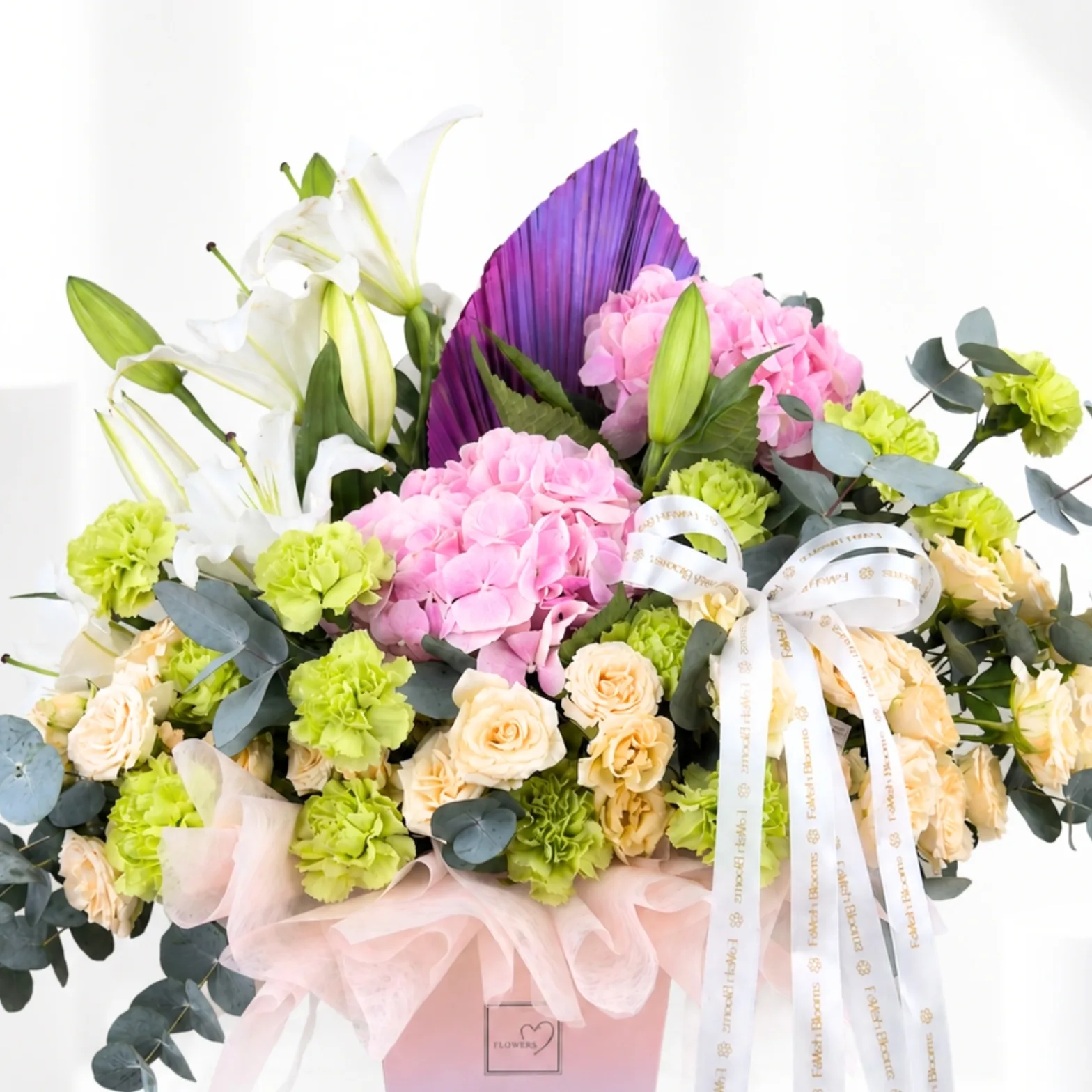 Luxury pastel floral box with lilies, hydrangeas and eucalyptus