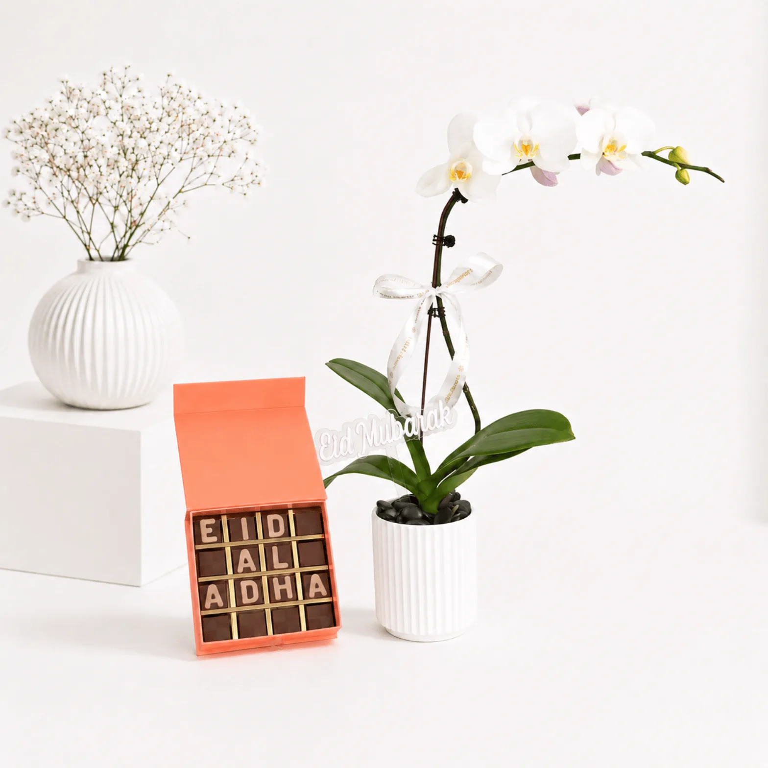 Eid Al Adha White Orchid Plant & Chocolate Gift Set