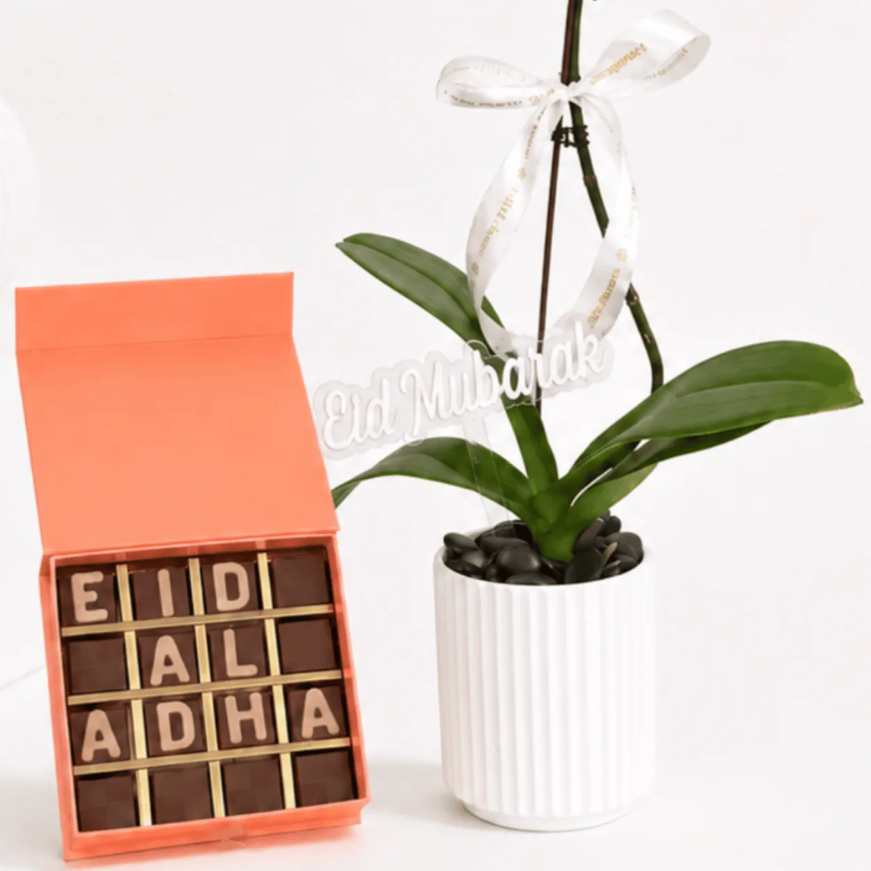 Eid Al Adha White Orchid Plant & Chocolate Gift Set