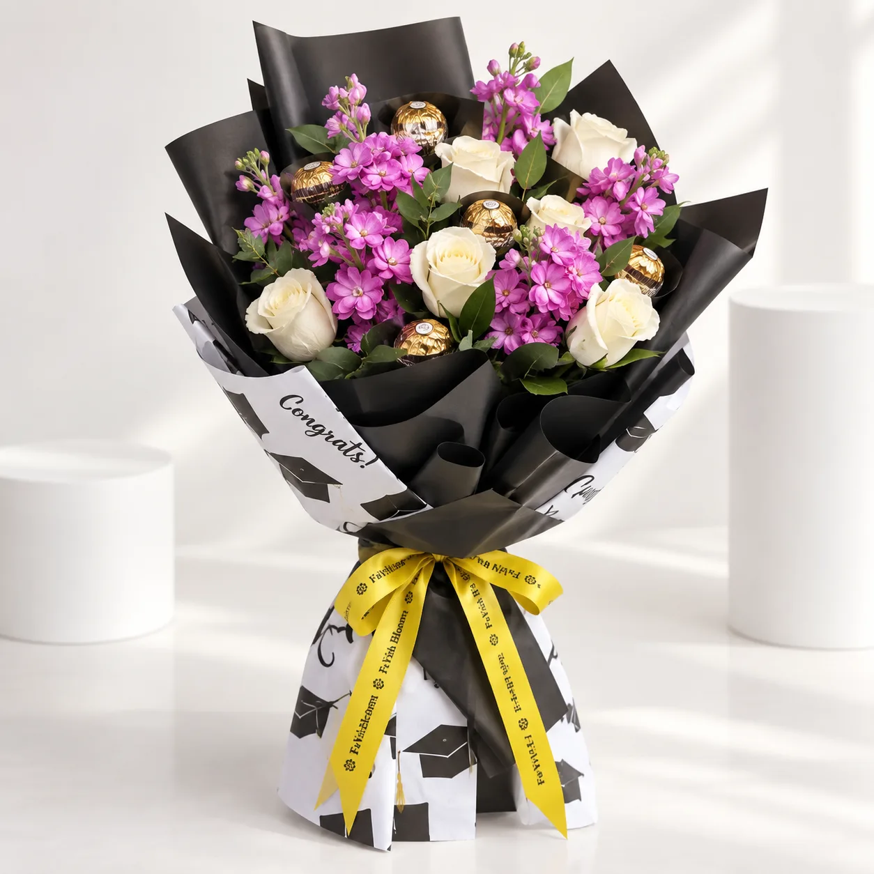 Graduation Ferrero Floral Bouquet with fresh flowers and Ferrero Rocher chocolates