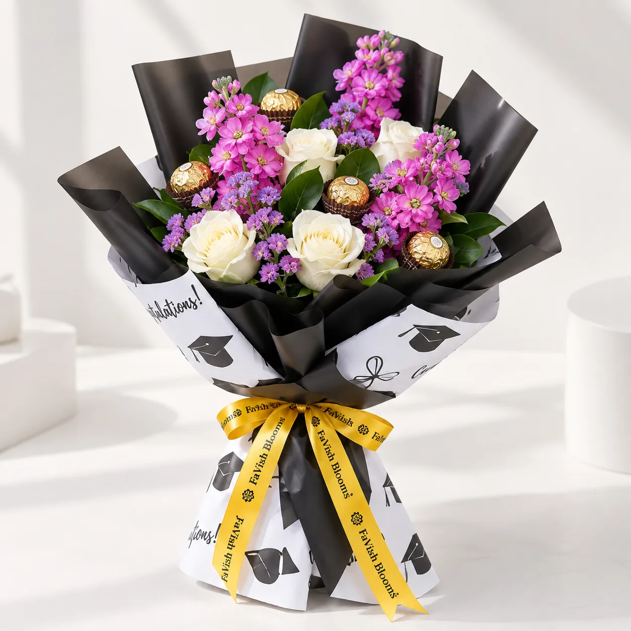 Graduation Ferrero Floral Bouquet with premium blooms and chocolate accents