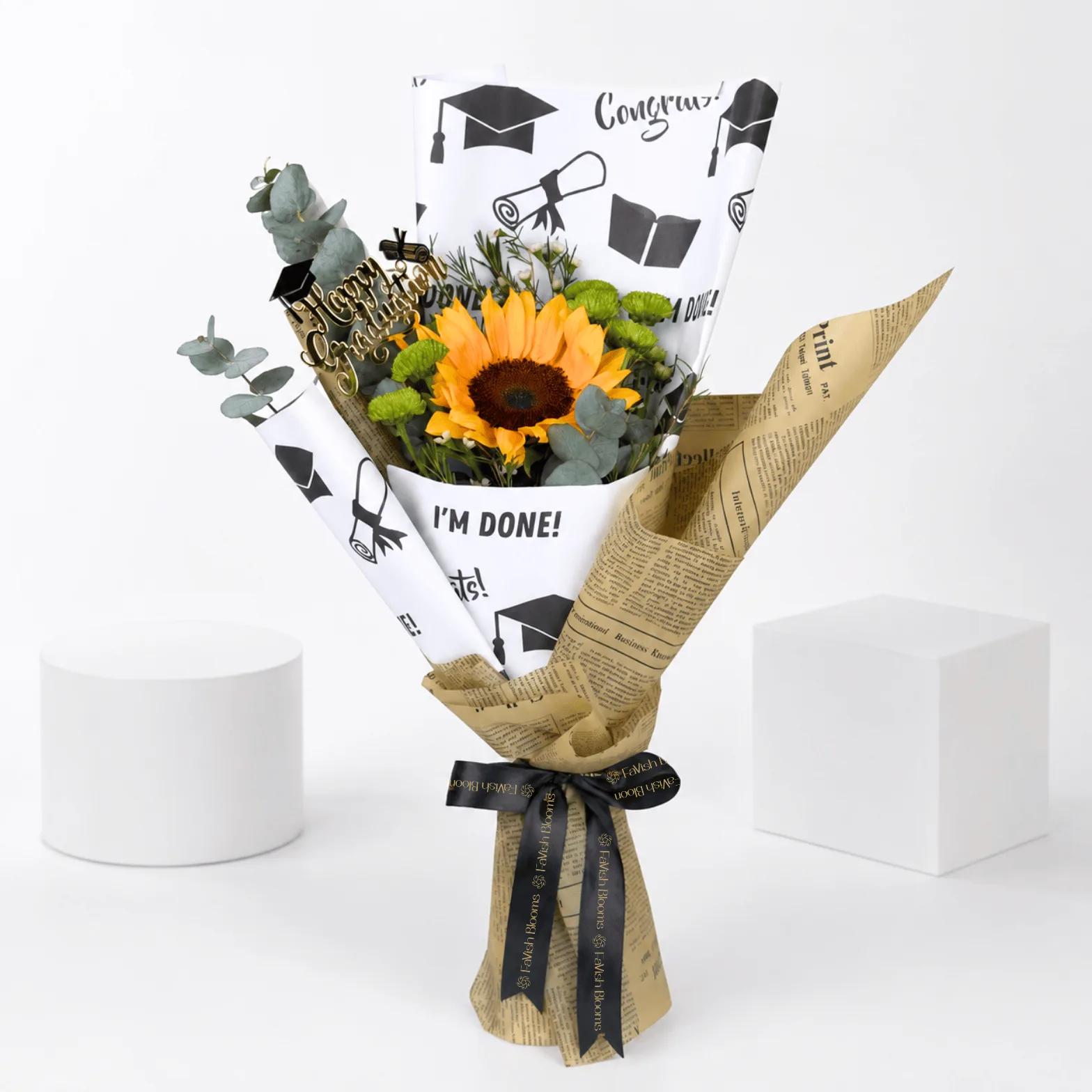 Graduation sunflower bouquet with congratulation wrapping by FaVish Blooms