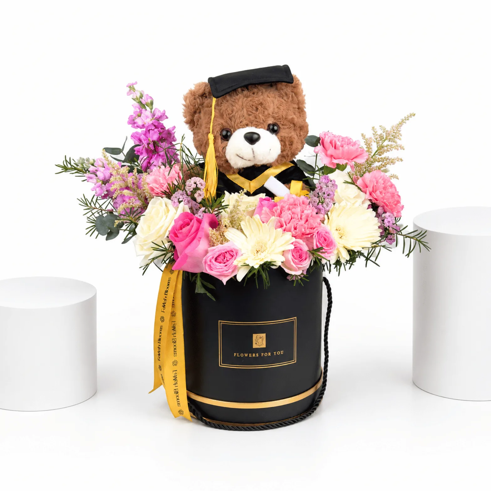 Luxury graduation flower arrangement with teddy bear in black hat box by FaVish Blooms