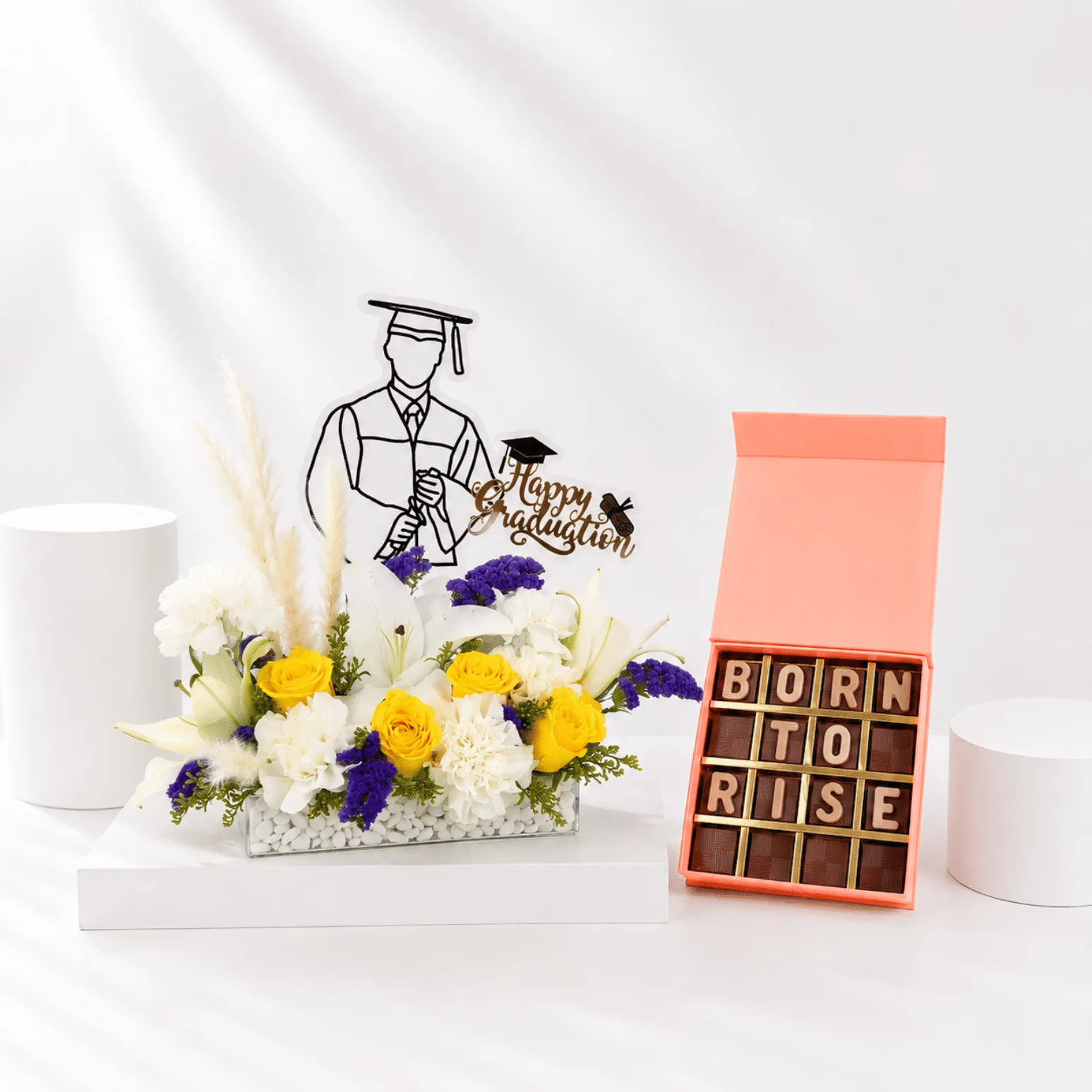 Graduation Floral Tray & Born To Rise Chocolate Gift Set