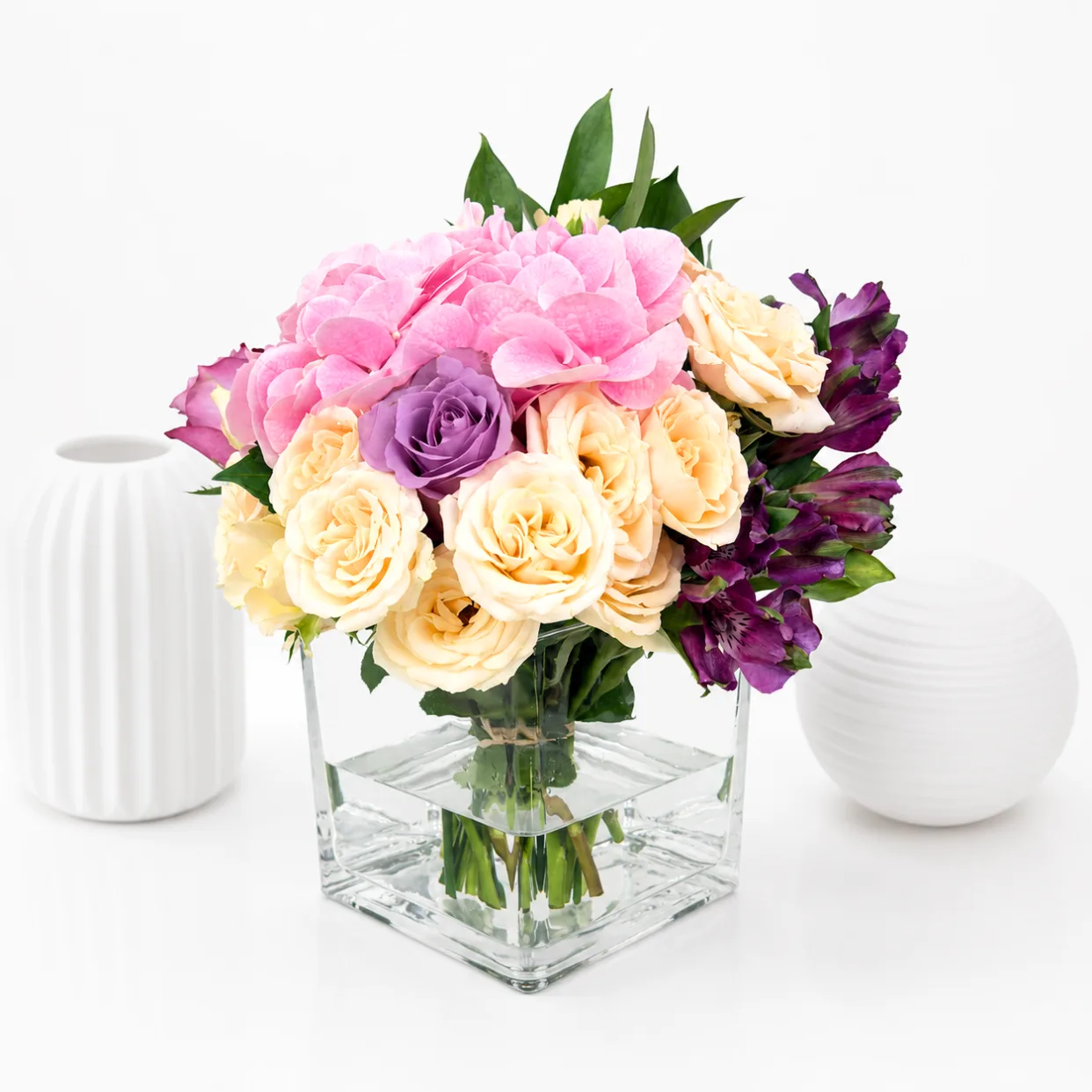 Pastel Hydrangea Glass Vase Arrangement