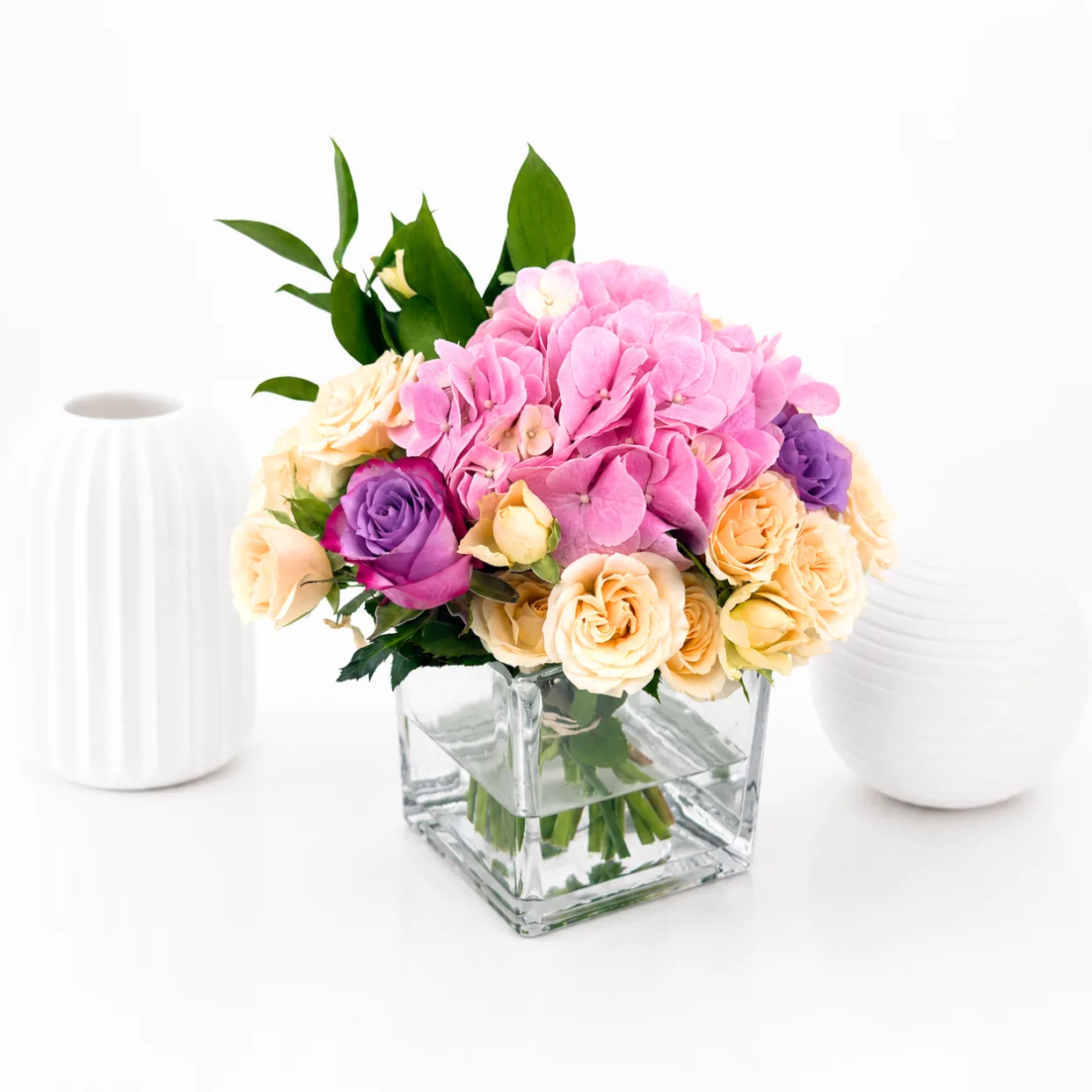 Pastel Hydrangea Glass Vase Arrangement