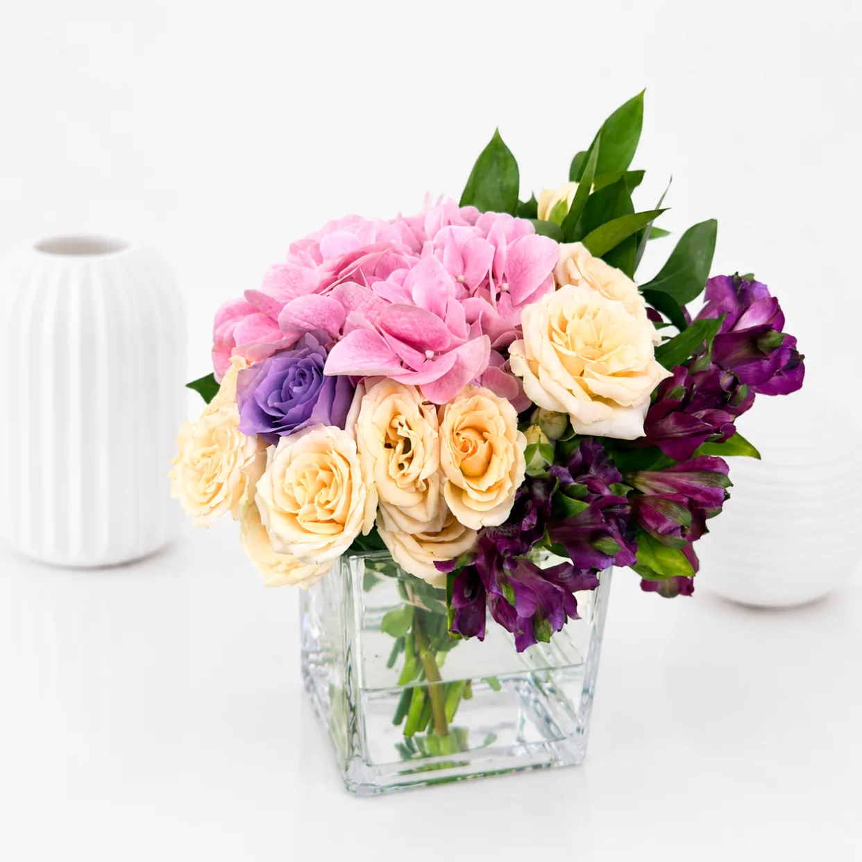 Pastel Hydrangea Glass Vase Arrangement
