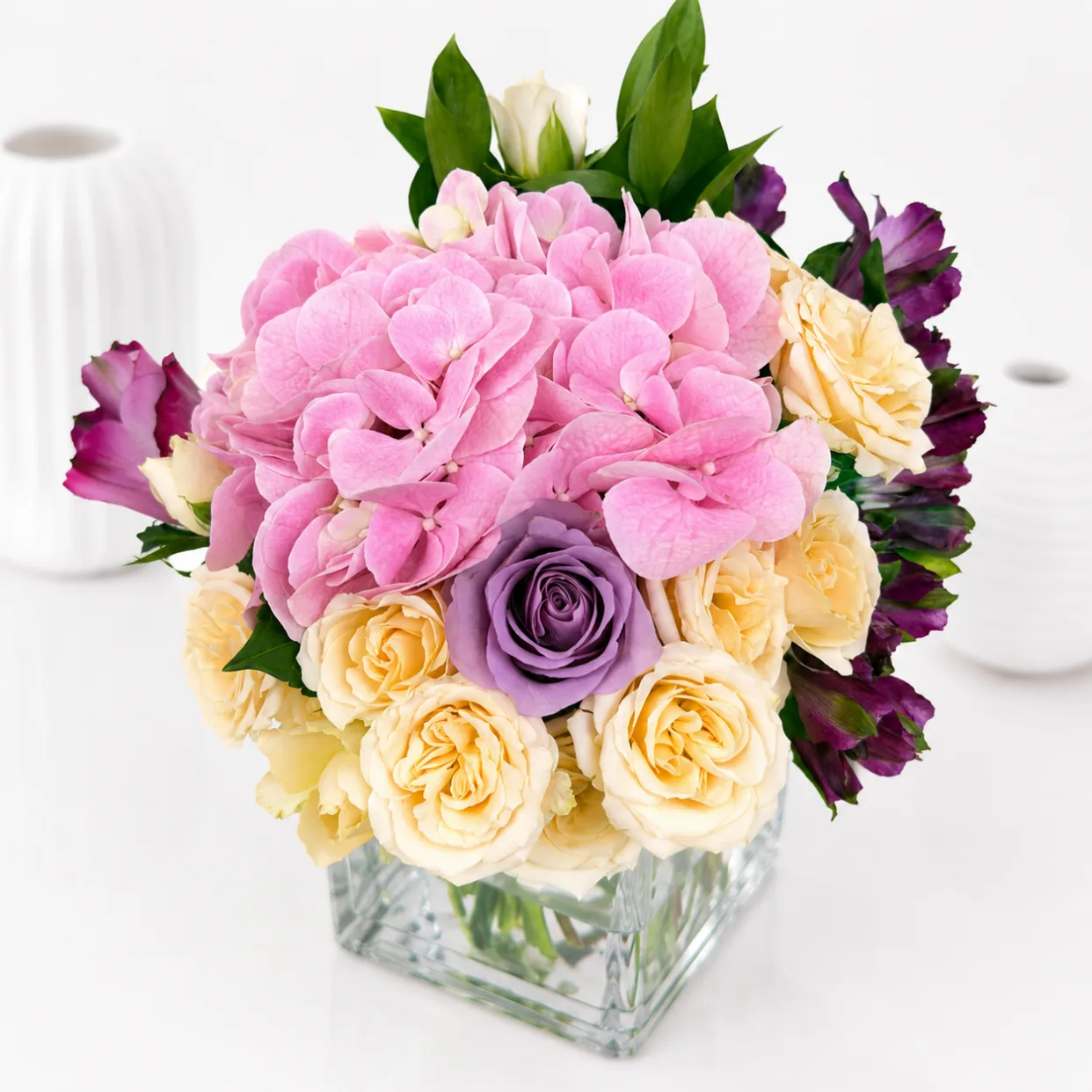 Pastel Hydrangea Glass Vase Arrangement