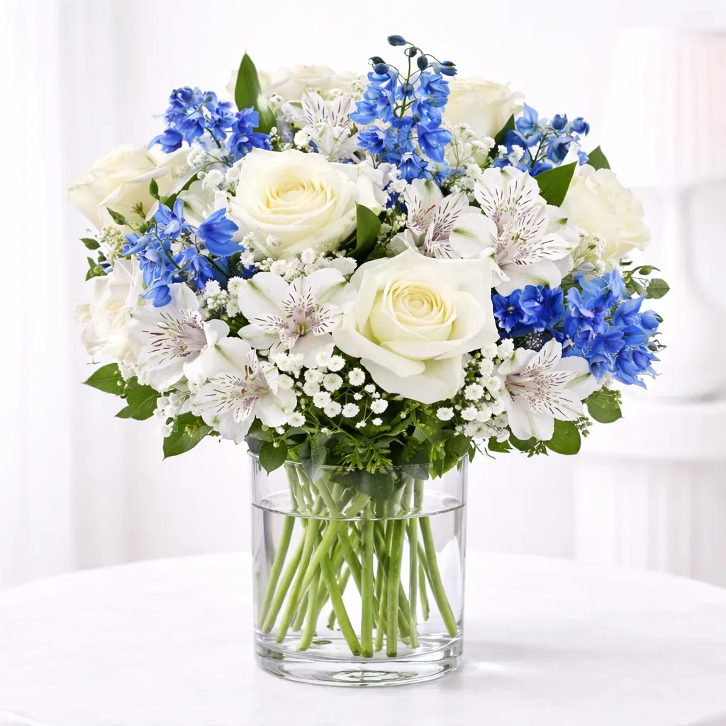 White roses and blue delphinium flower vase arrangement with baby’s breath and fresh greenery.