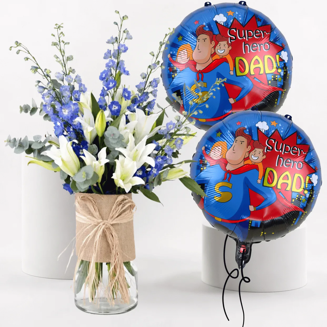 Father’s Day Blue Delphinium Lily Vase with Superhero Dad Balloons