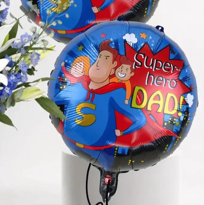 Superhero Dad balloon gift with blue delphinium lily vase for Father’s Day