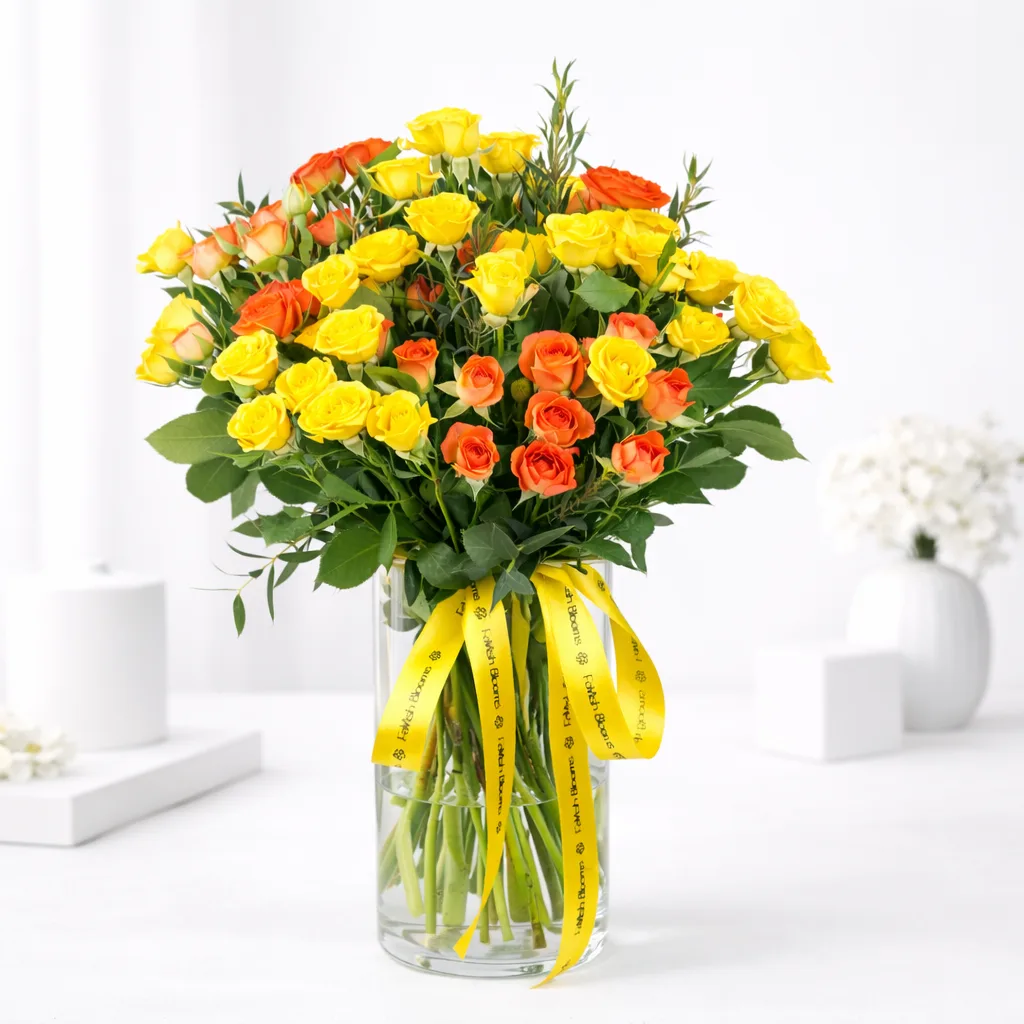 Yellow and orange rose vase arrangement with fresh greenery and yellow ribbon on a white setup.