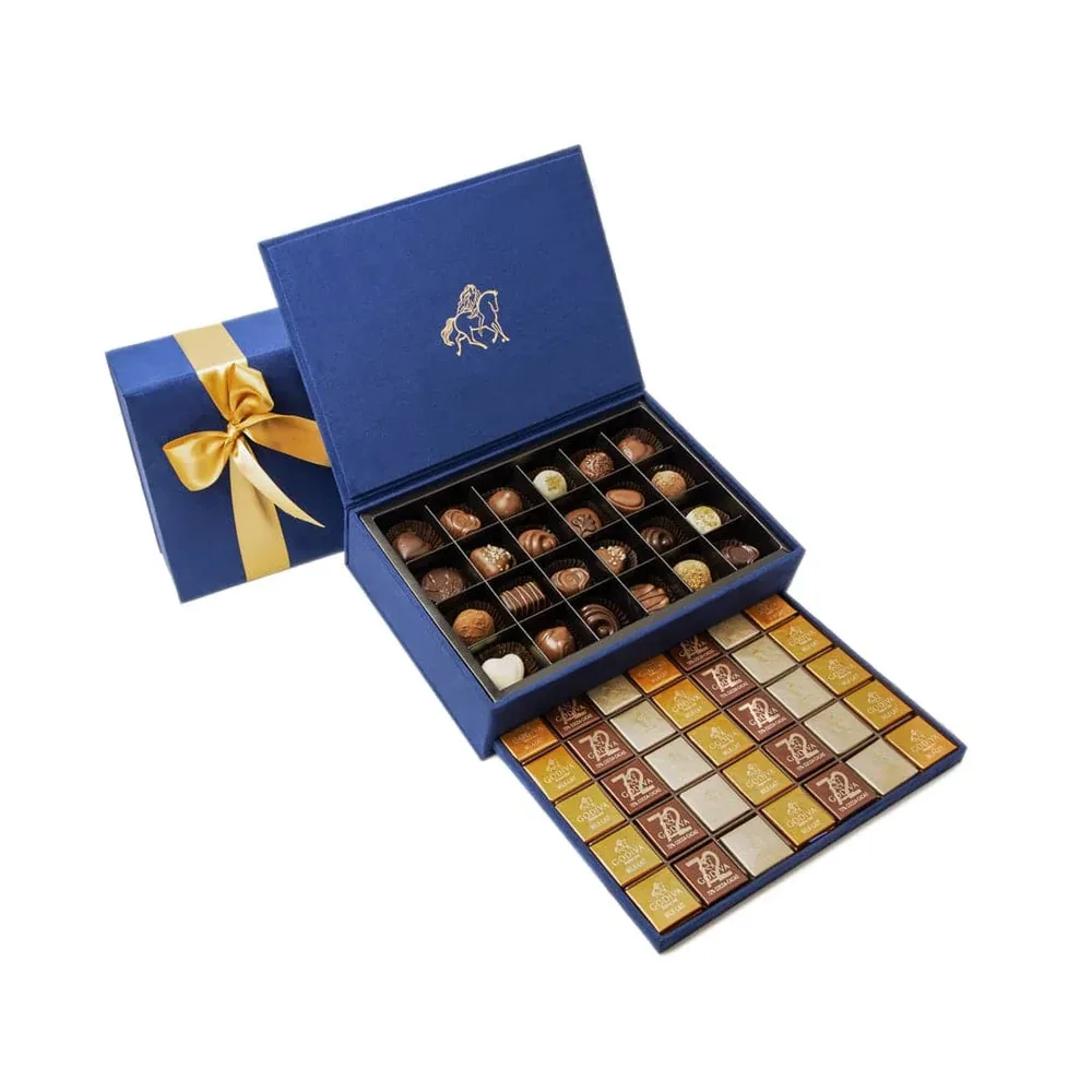 Godiva Royal Gift Box Large Navy Blue with 24 pralines and 70 carrés for luxury chocolate gifting