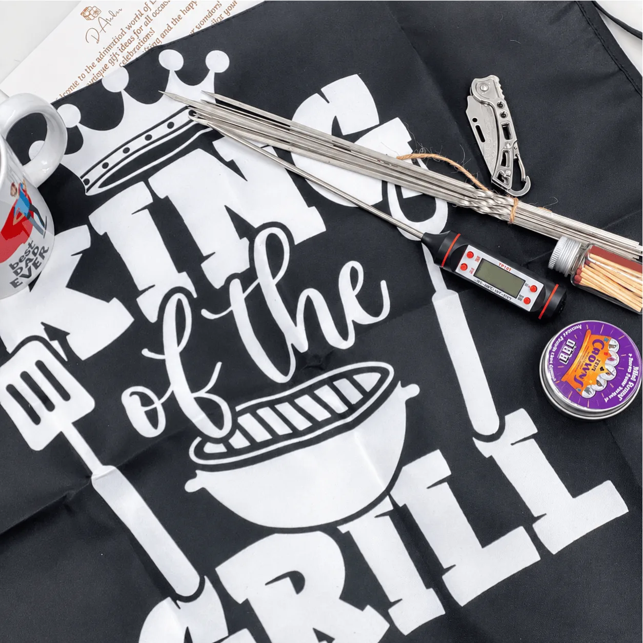 Premium BBQ gift for dad and grill master with apron mug and accessories