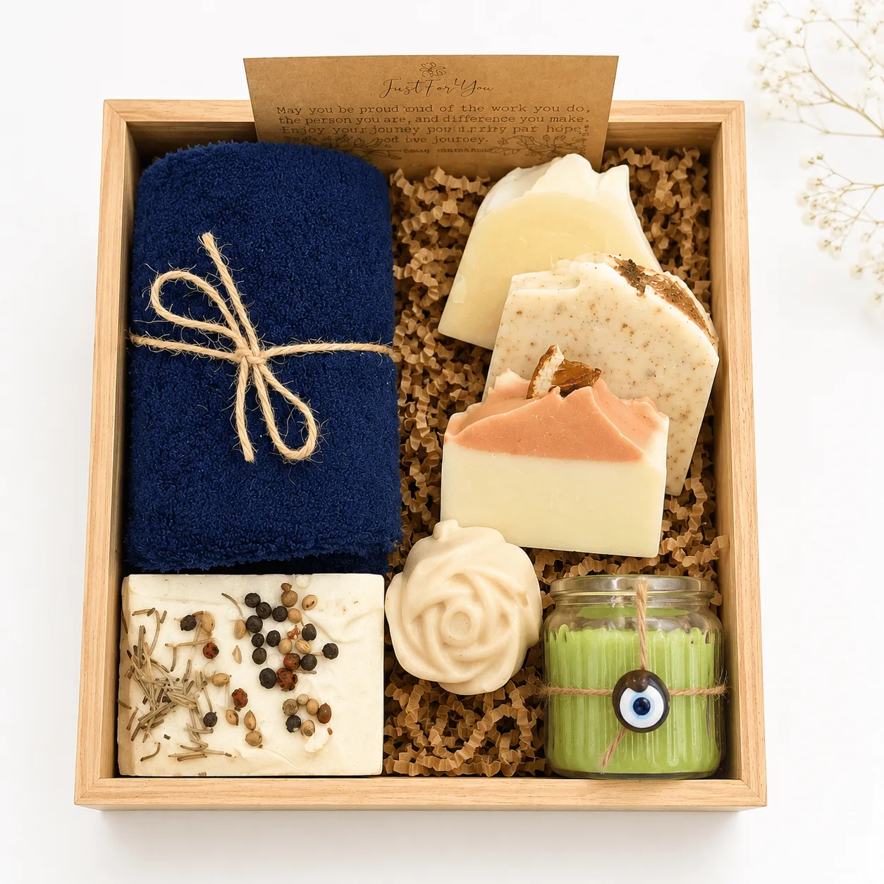 Handmade soap spa gift set in wooden hamper for self-care and relaxation