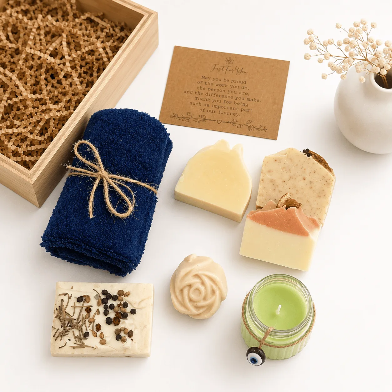 Natural Wellness Wooden Hamper with handmade soap spa gift set