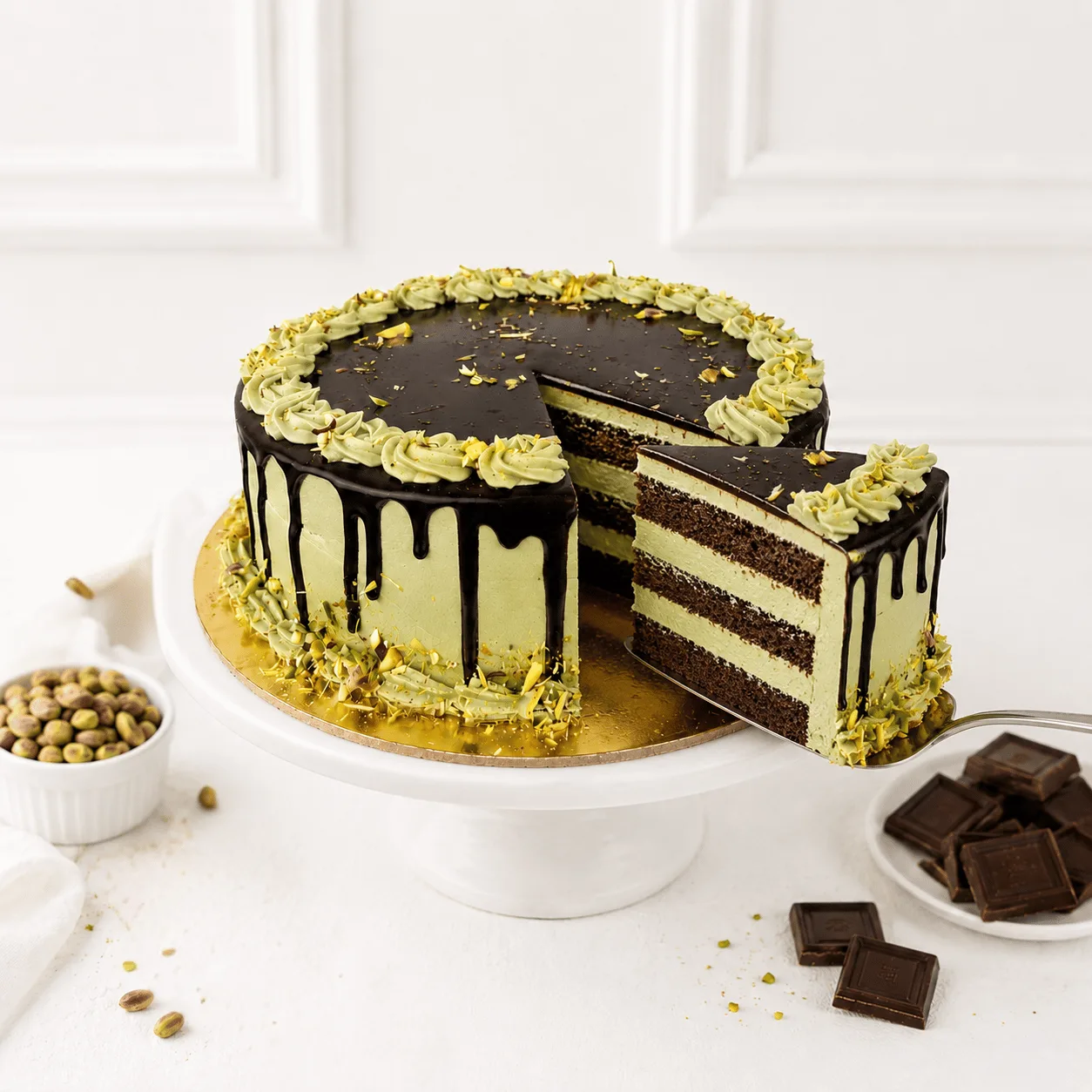 Premium pistachio chocolate cake for birthdays, anniversaries, and celebrations