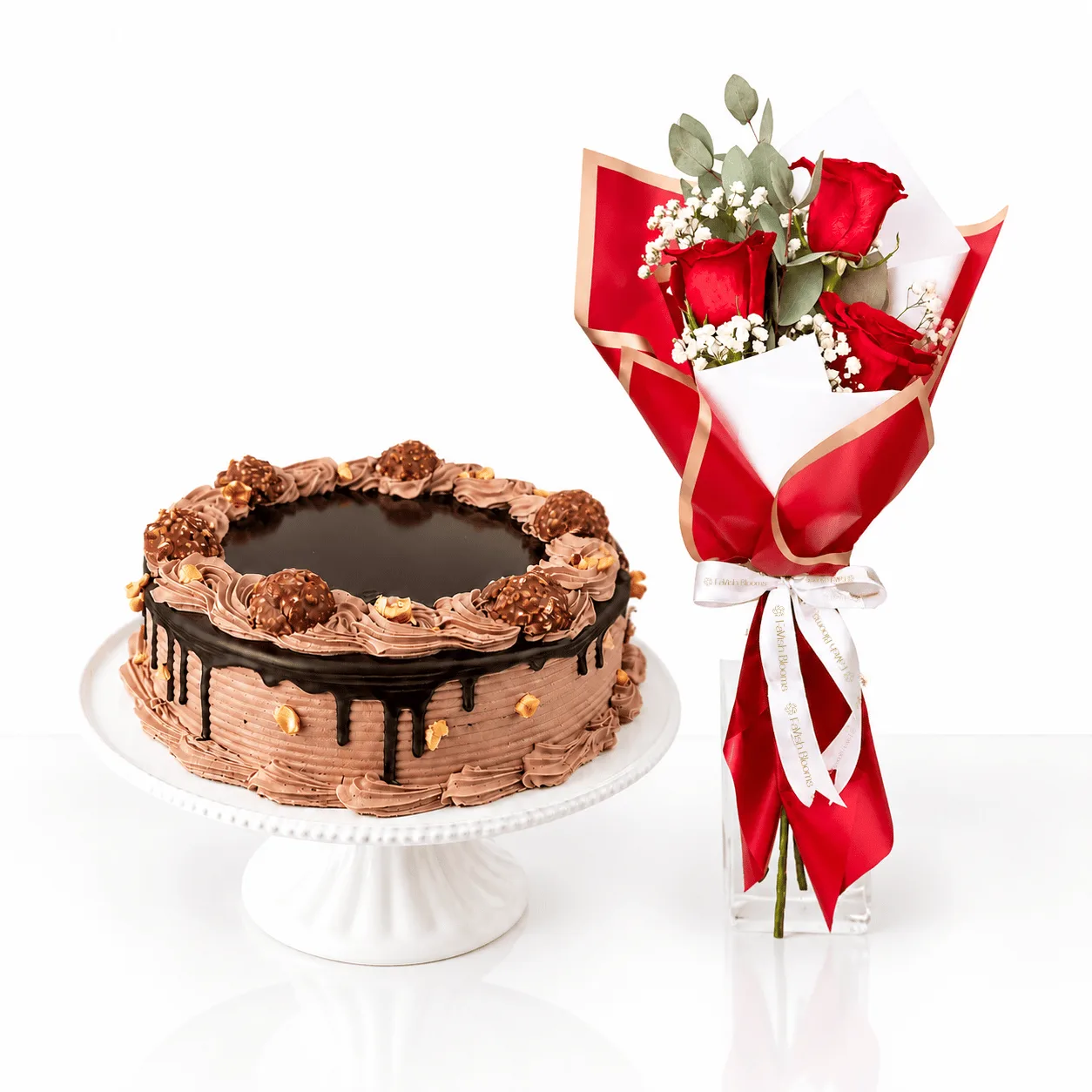 Ferrero Rocher Cake and Red Rose Bouquet Combo for birthdays and anniversaries