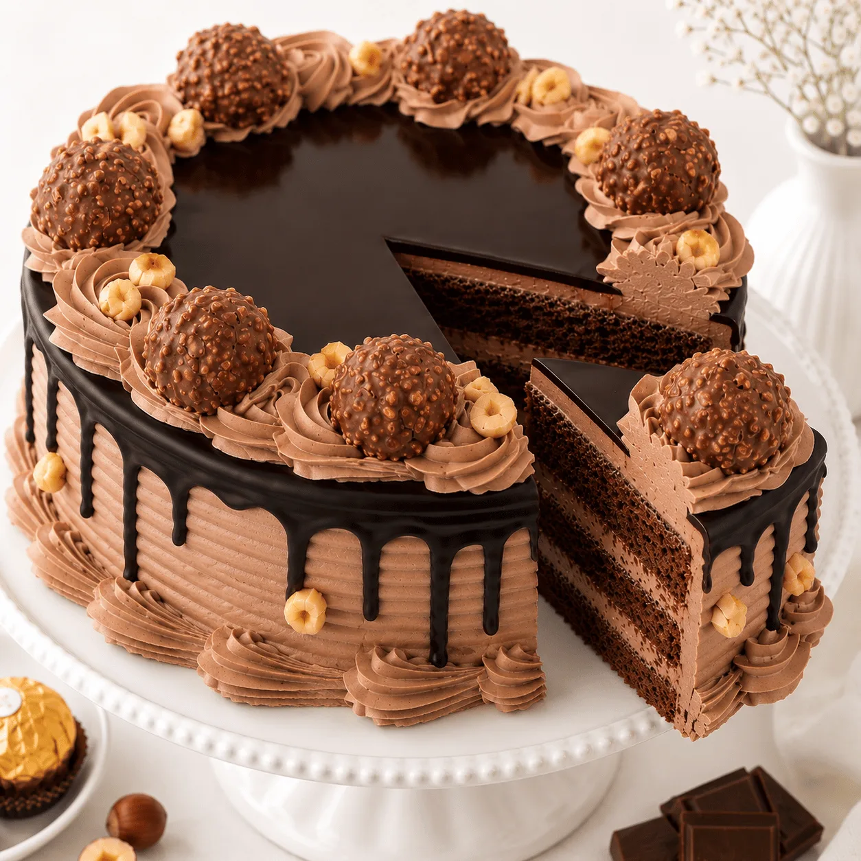 Ferrero Rocher chocolate cake with luxury red rose bouquet for premium gifting