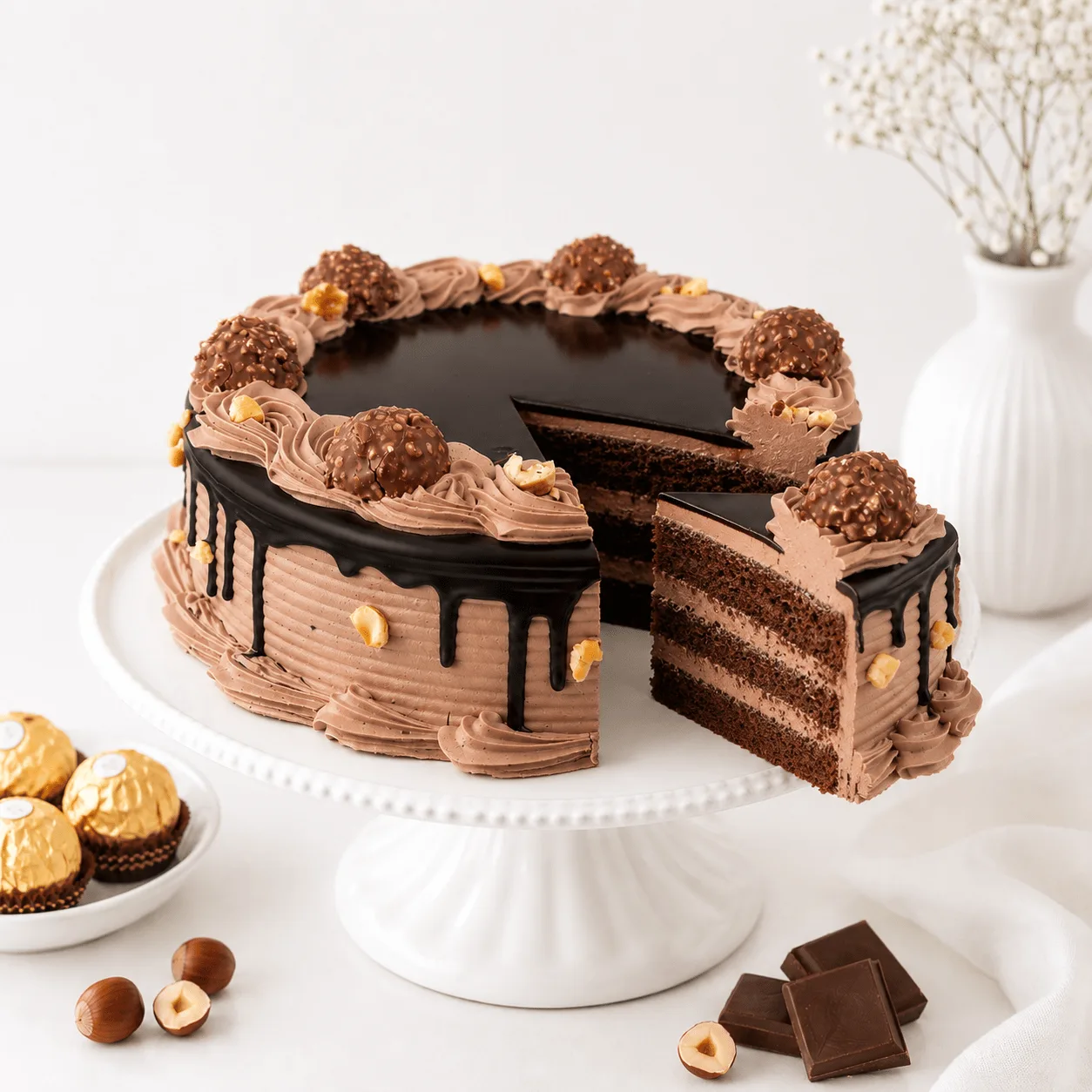 Premium Ferrero Rocher cake with fresh white rose bouquet by FaVish Blooms Dubai
