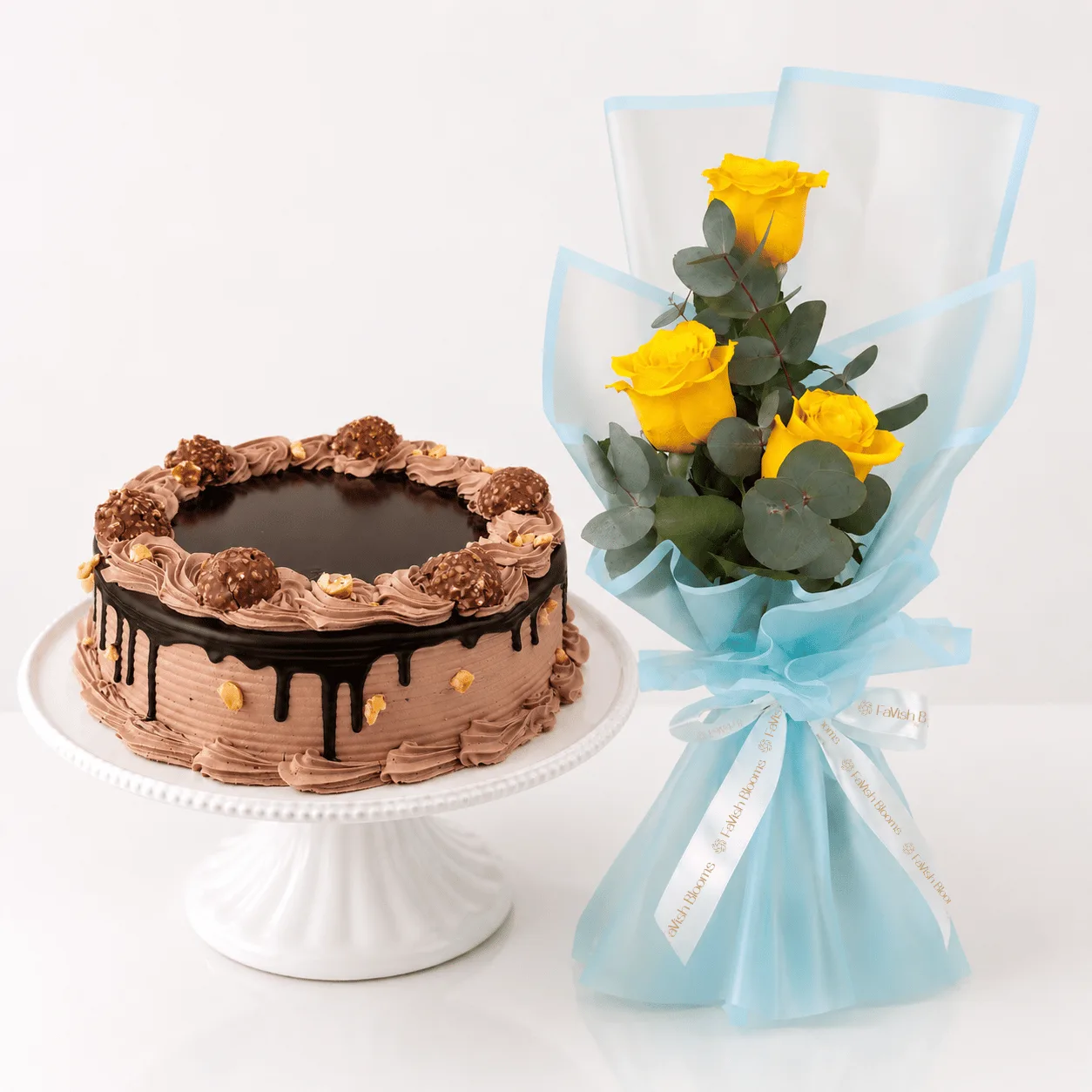 Ferrero Rocher Cake and Yellow Rose Bouquet Combo for birthdays and celebrations