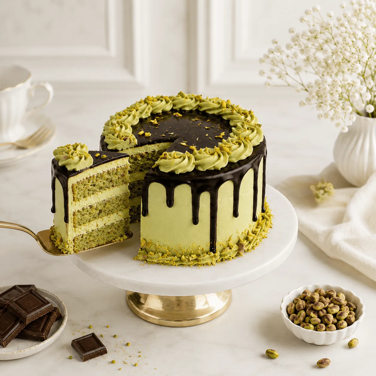 "A slice being lifted from a layered pistachio cake with chocolate ganache drip and pistachio garnish, revealing three green sponge layers, displayed on a marble cake stand beside chocolate squares, pistachios, and flowers."