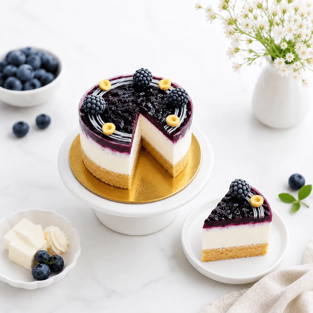 Blueberry Cheesecake 4 Portion topped with rich blueberry sauce and fresh berries