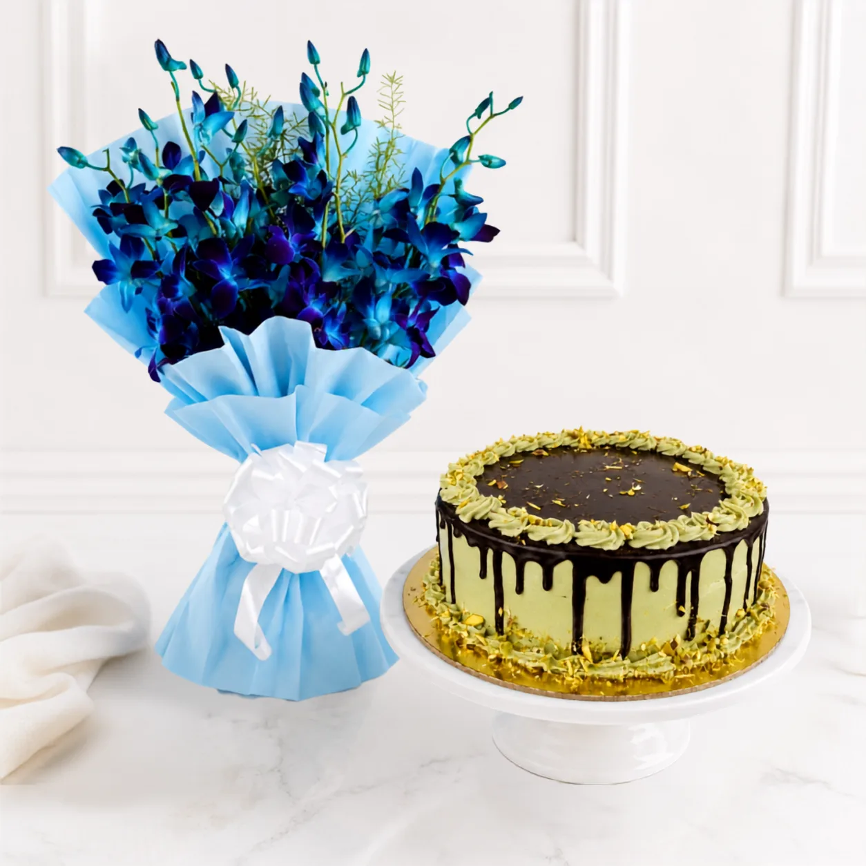 Royal Blue Orchid and Pistachio Chocolate Drip Cake Combo for luxury gifting